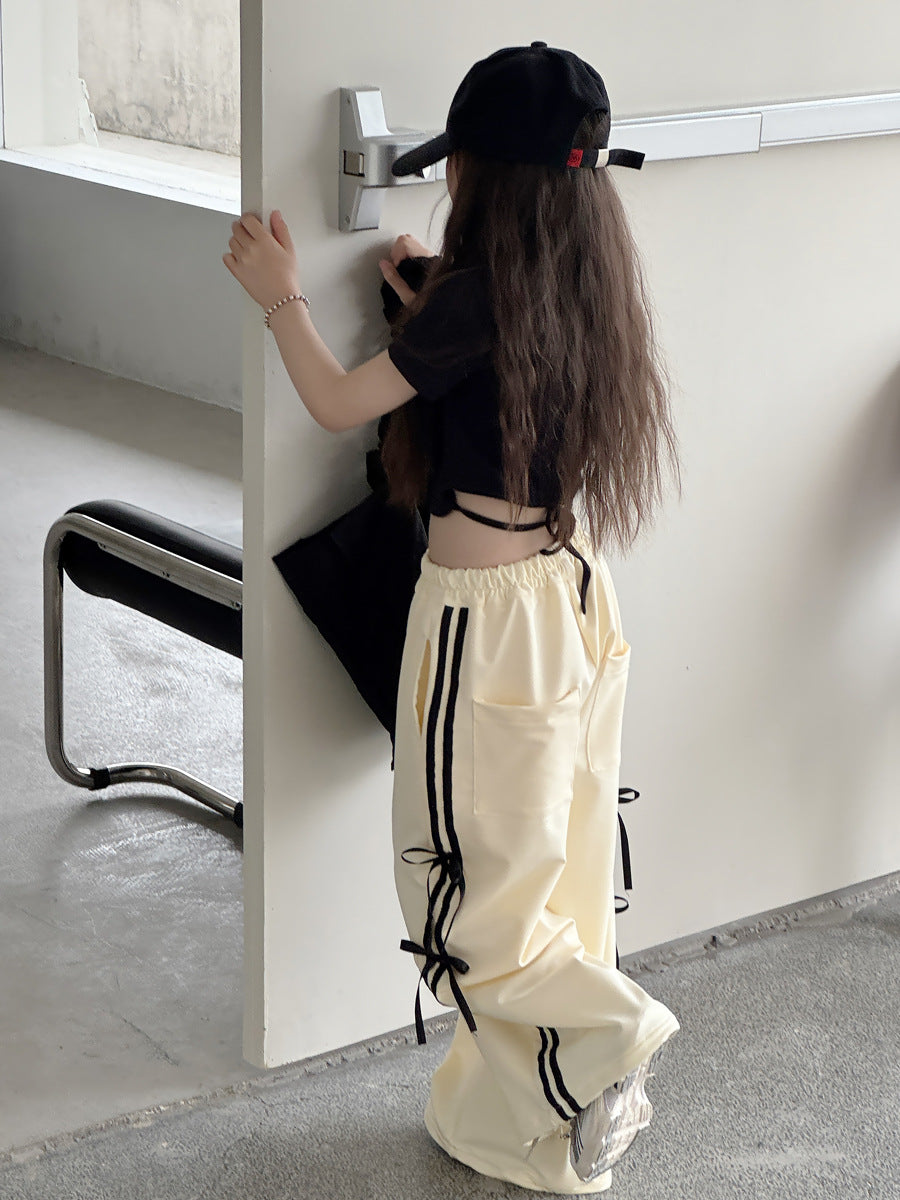 【100-150cm】韓版織帶蝴蝶結休閒闊腿褲