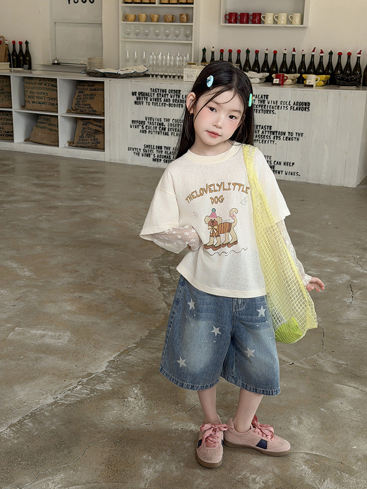 【100-170cm】氛圍感韓系甜美假兩件防曬蕾絲袖T