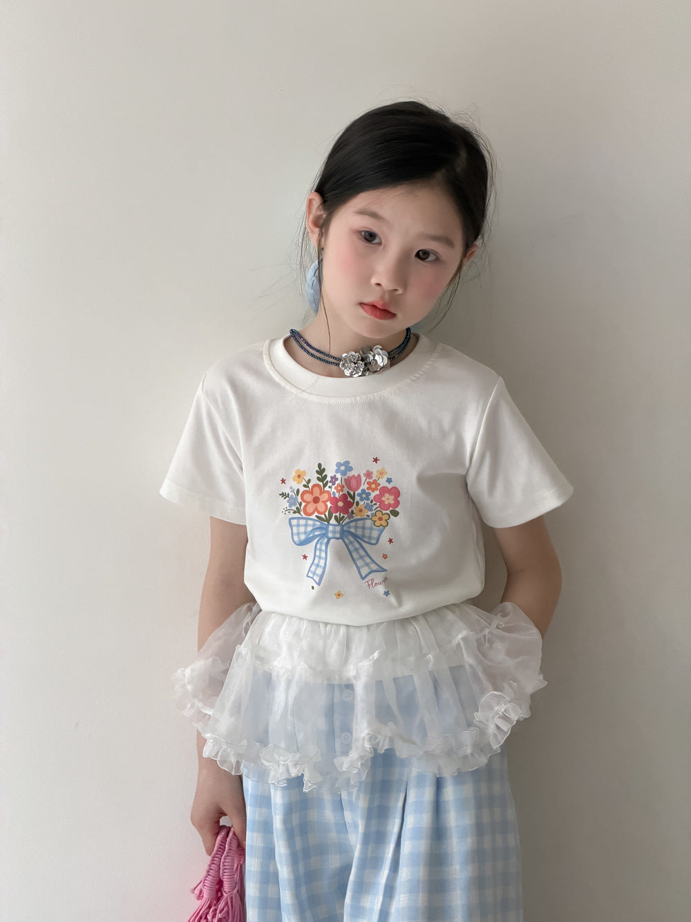 【100-160cm】韓版蝴蝶結花朵短袖