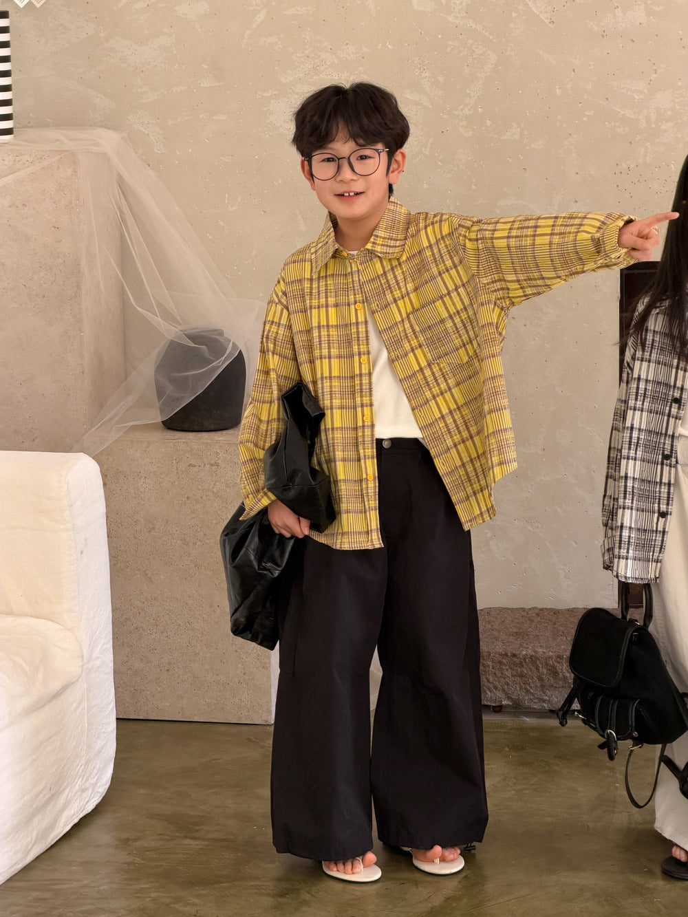 【100-160cm】格紋寬鬆翻領襯衫