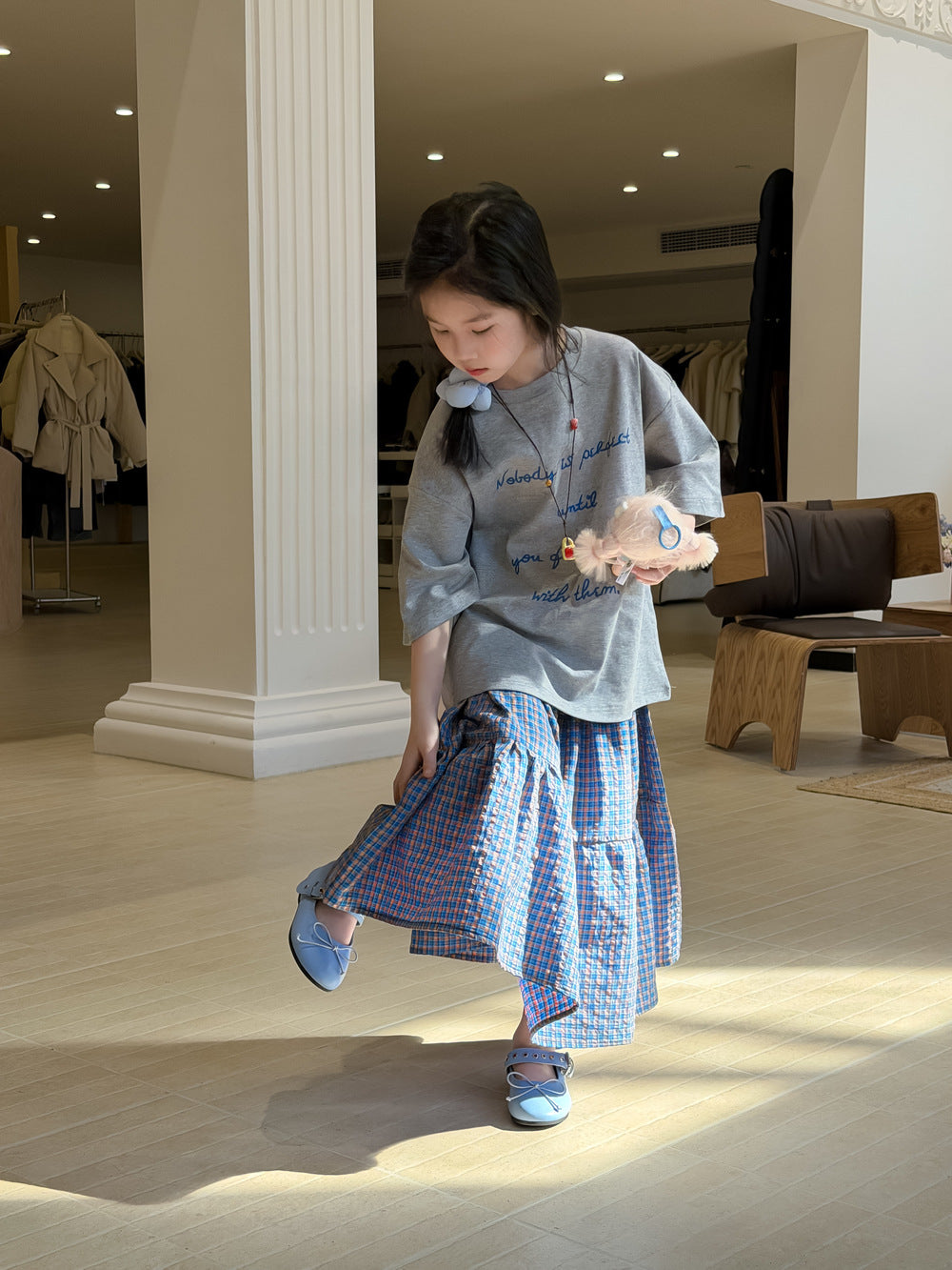 【100-160cm】休閒字母T｜格子半身裙