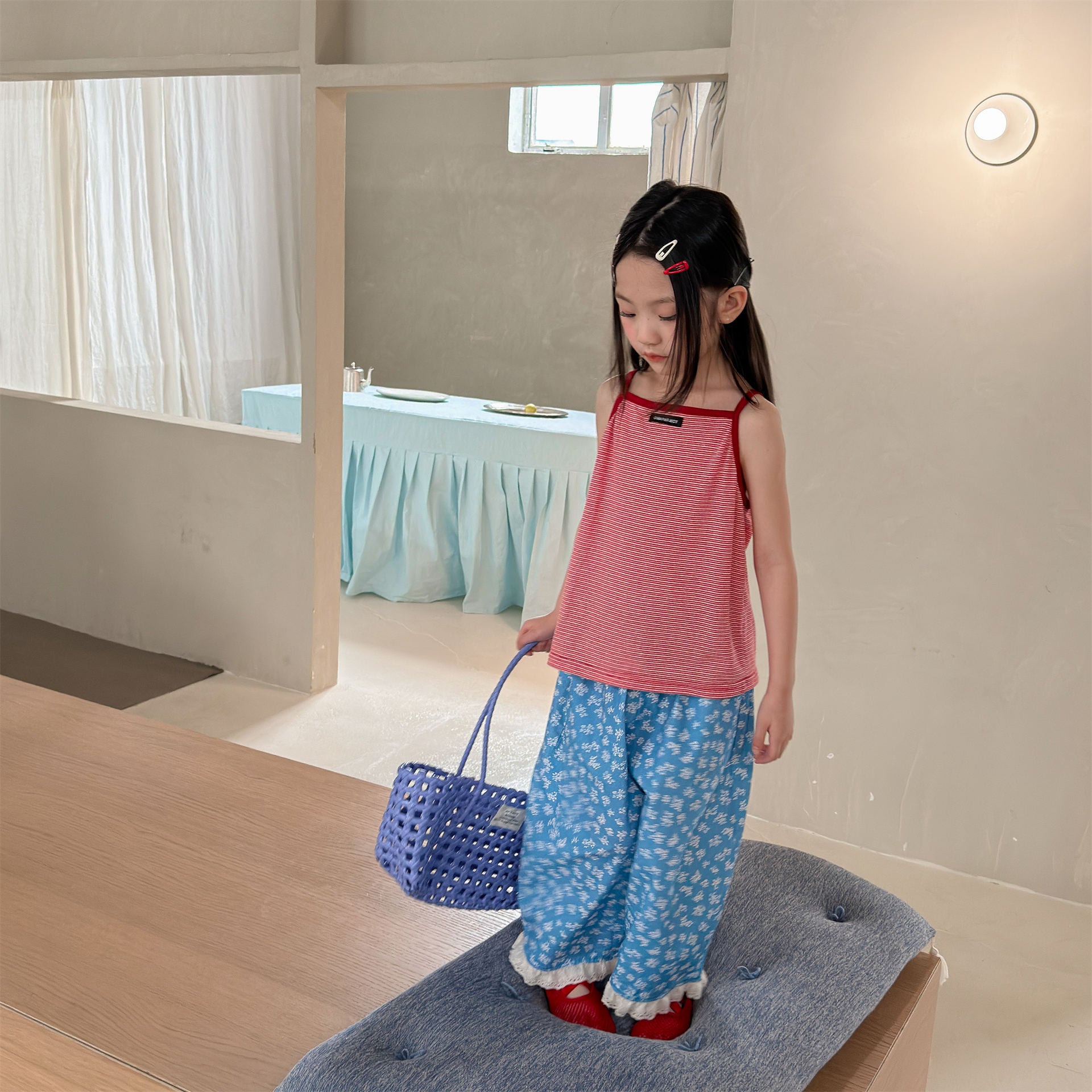 【80-130cm】韓版碎花花邊九分褲