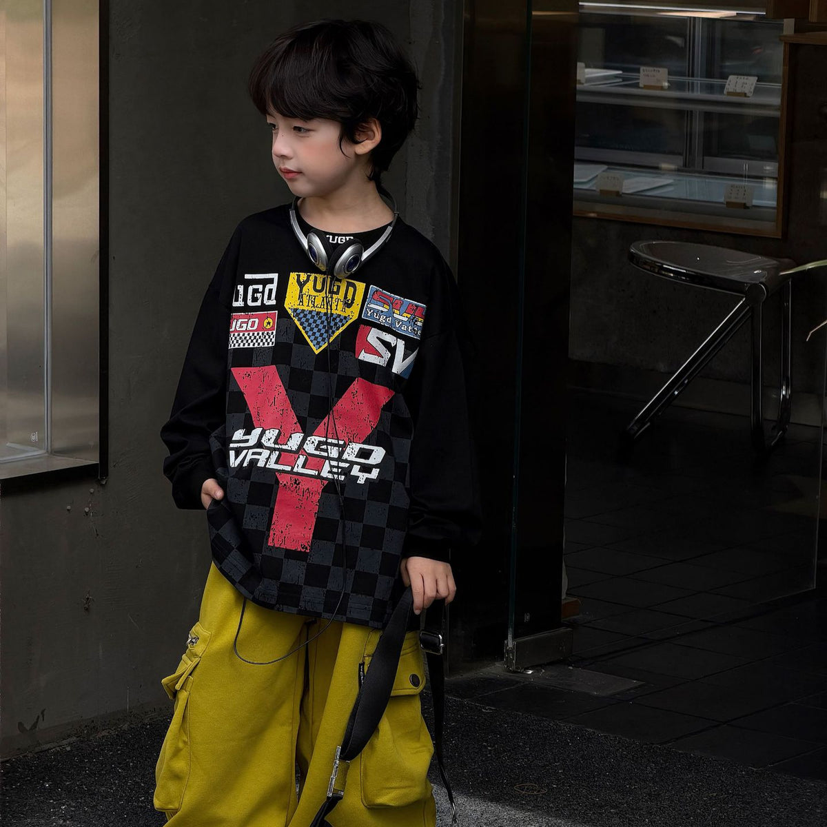 【90-160cm】美式街頭感格子印花長袖上衣