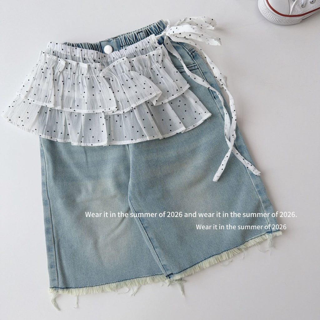 【90-150cm】韓版休閒牛仔褲(附波點屁簾)