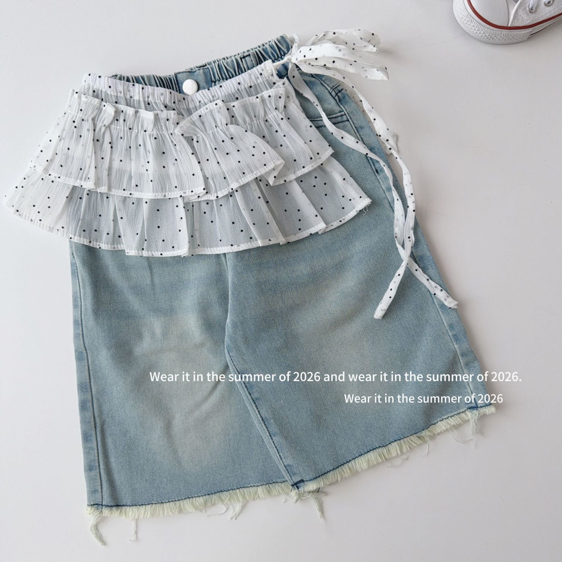 【90-150cm】韓版休閒牛仔褲(附波點屁簾)