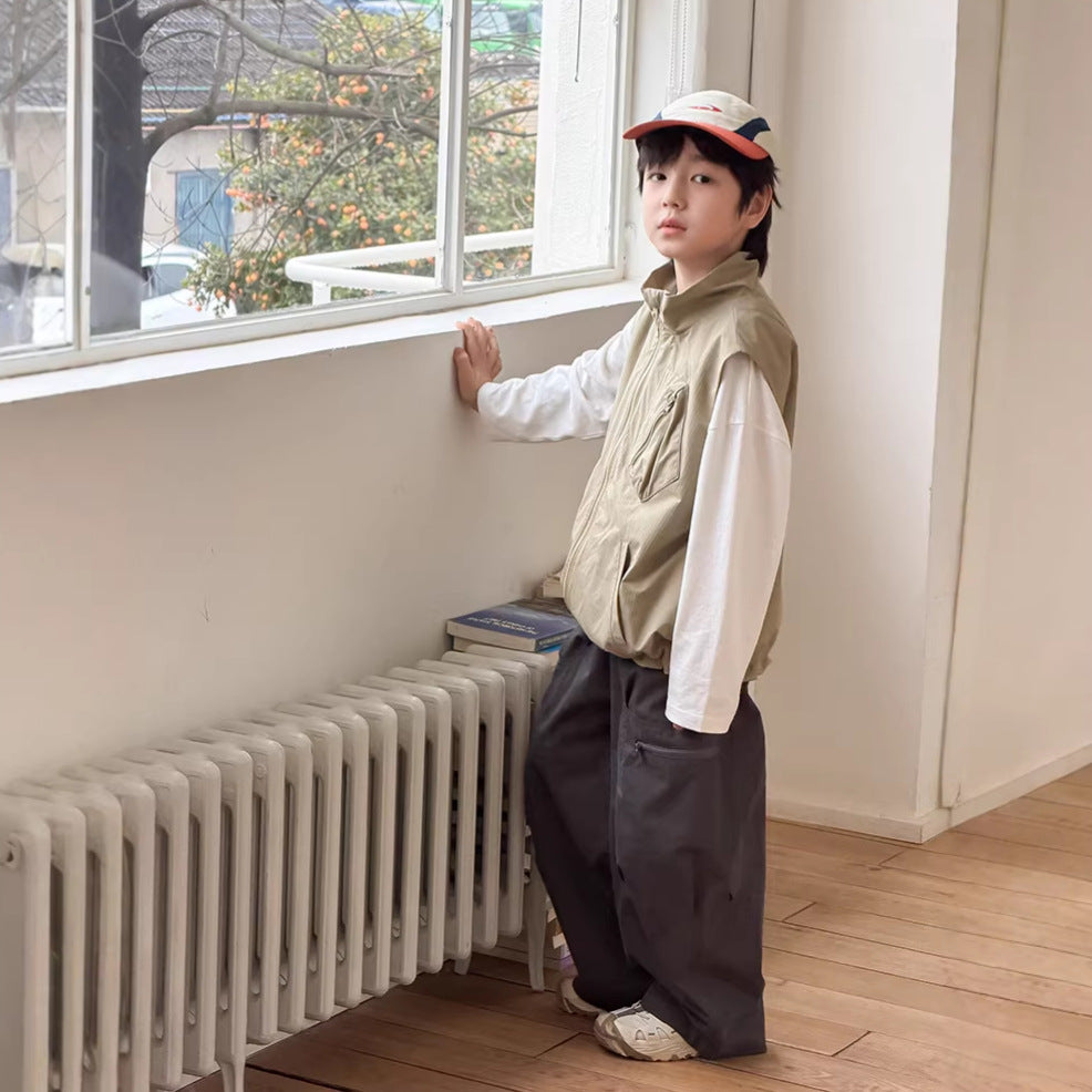 【100-170cm】(3色)山系休閒水洗棉寬鬆拼接口袋彎刀褲