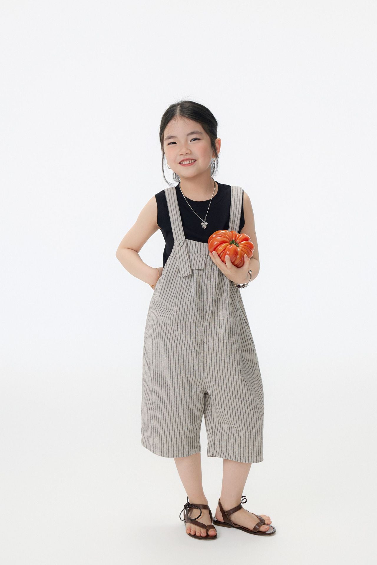 【90-150cm】日系條紋七分吊帶褲
