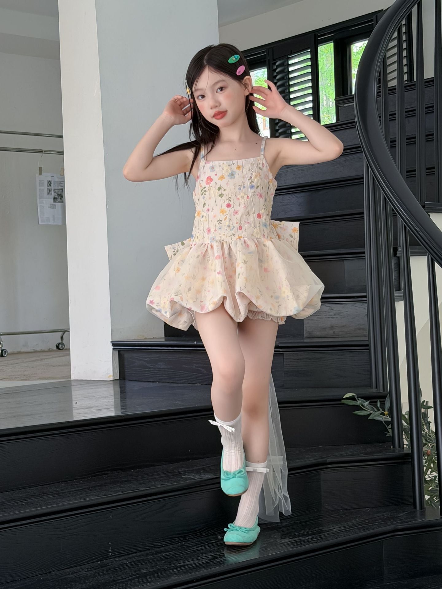 【90-160cm】碎花蝴蝶結網紗拖尾公主裙