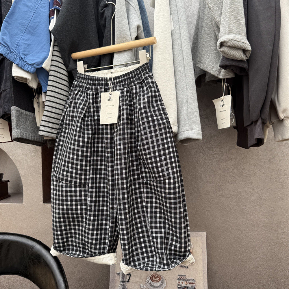 【100-150cm】黑白格紋寬鬆休閒直筒褲