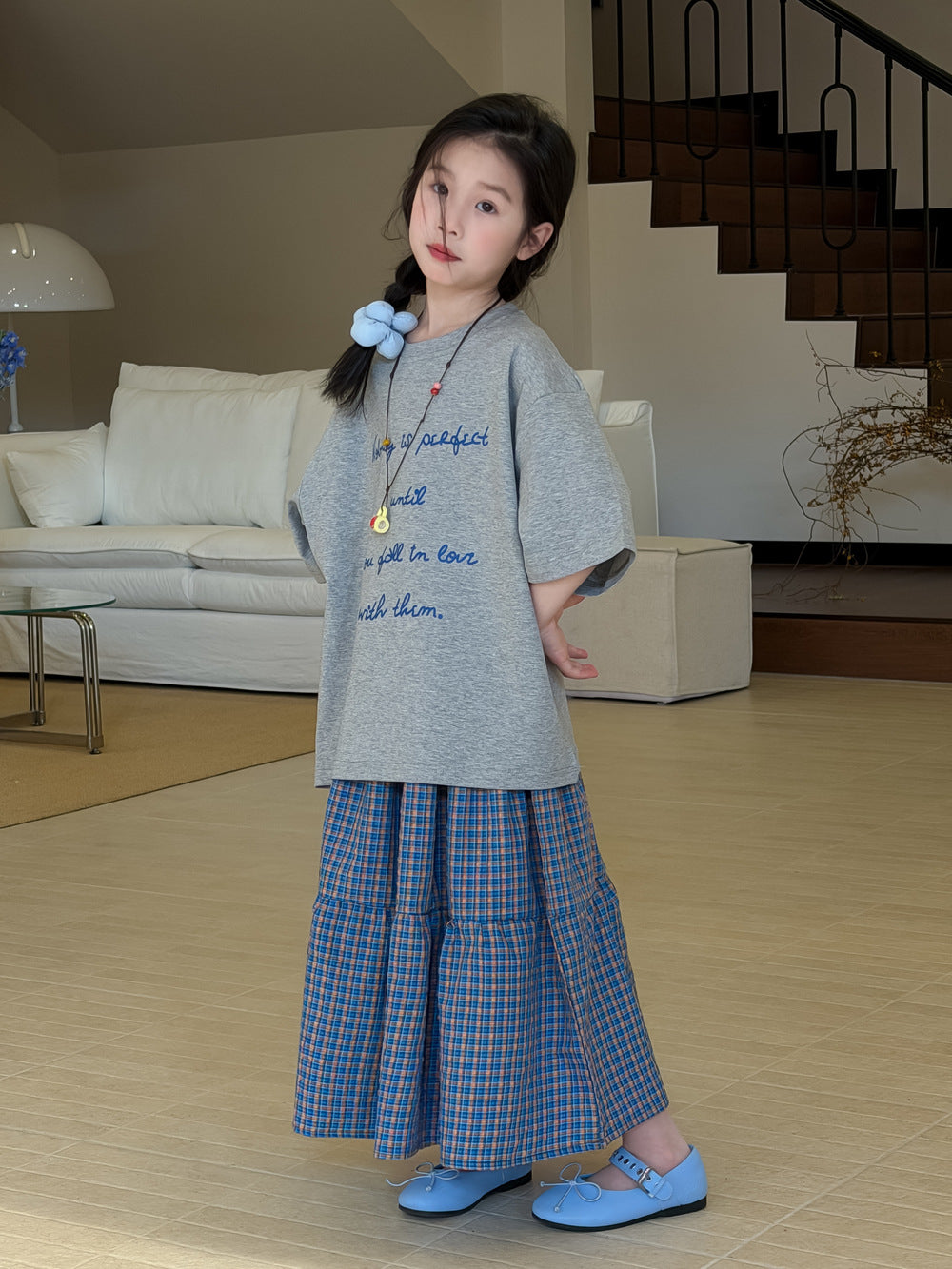 【100-160cm】休閒字母T｜格子半身裙