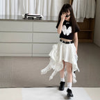 【100-150cm】【帶安全褲】蕾絲拼接不規則辣妹短裙