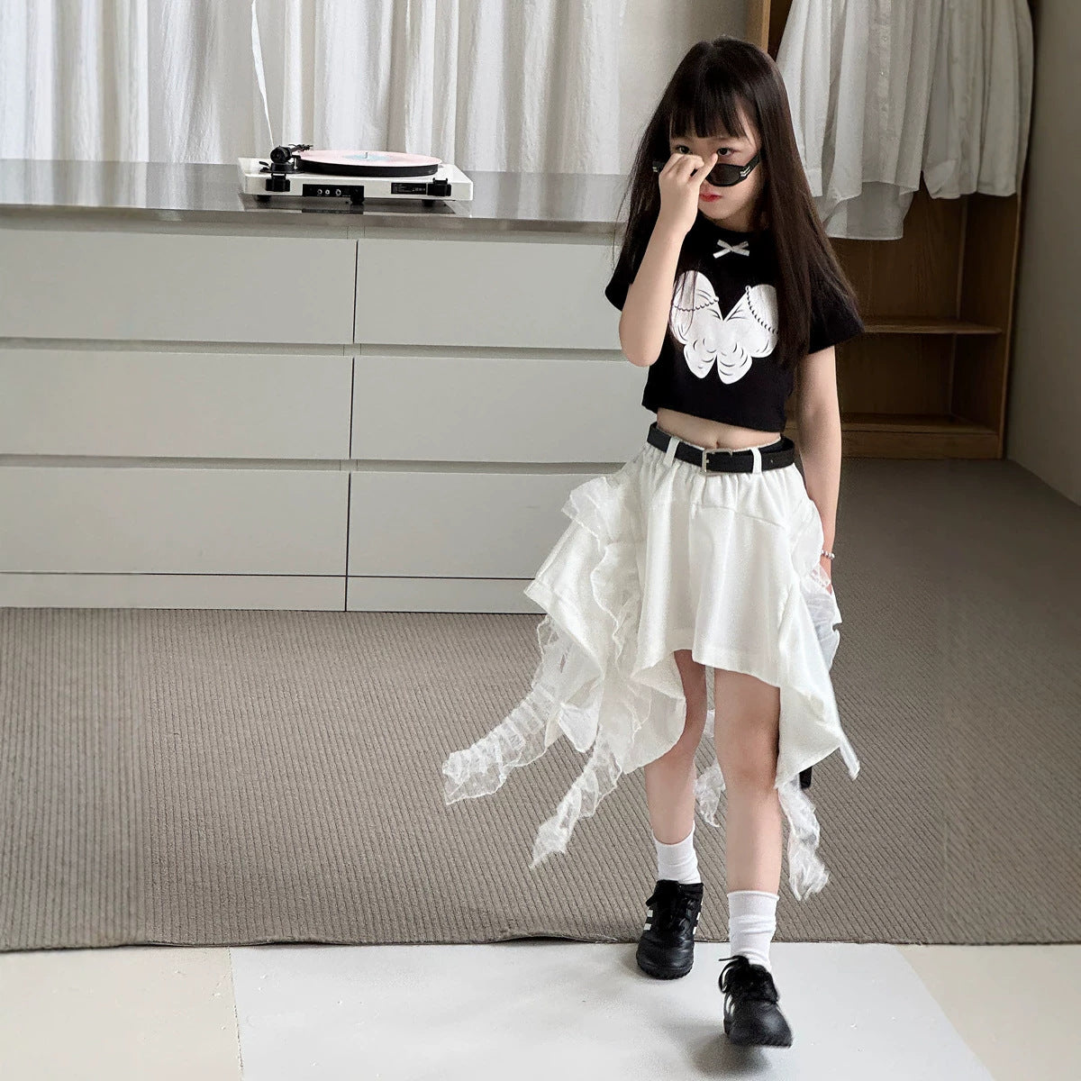【100-150cm】【帶安全褲】蕾絲拼接不規則辣妹短裙