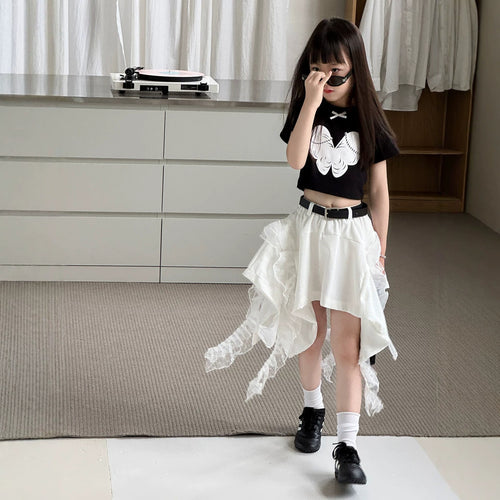 【100-150cm】【帶安全褲】蕾絲拼接不規則辣妹短裙