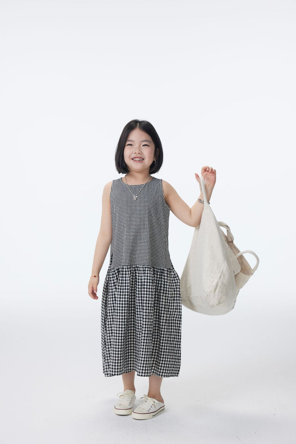 【90-150cm / M.L】【親子裝】日系大小格子拼接無袖連身裙