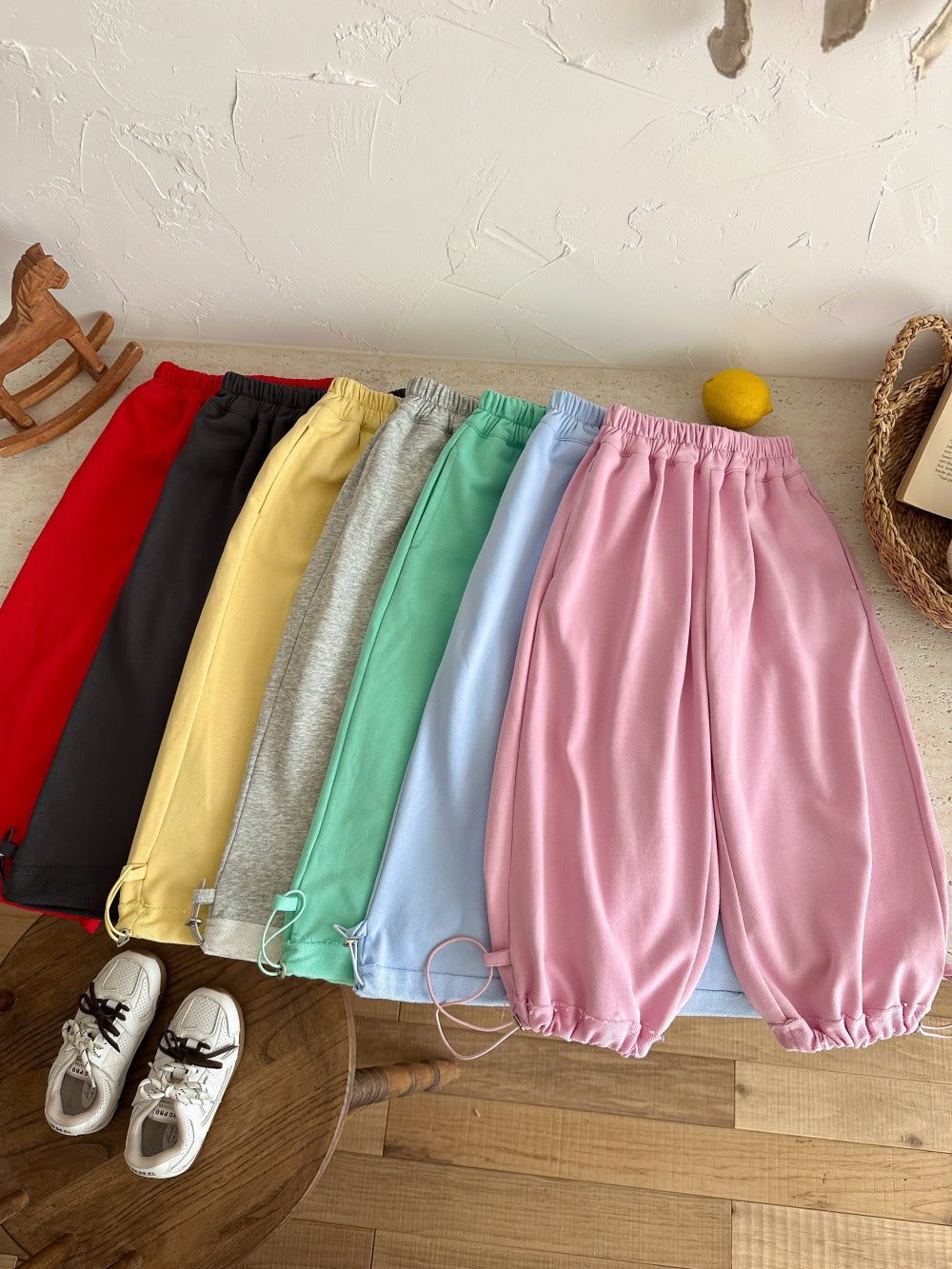 【100-160cm】純色抽繩兩穿百搭寬鬆褲