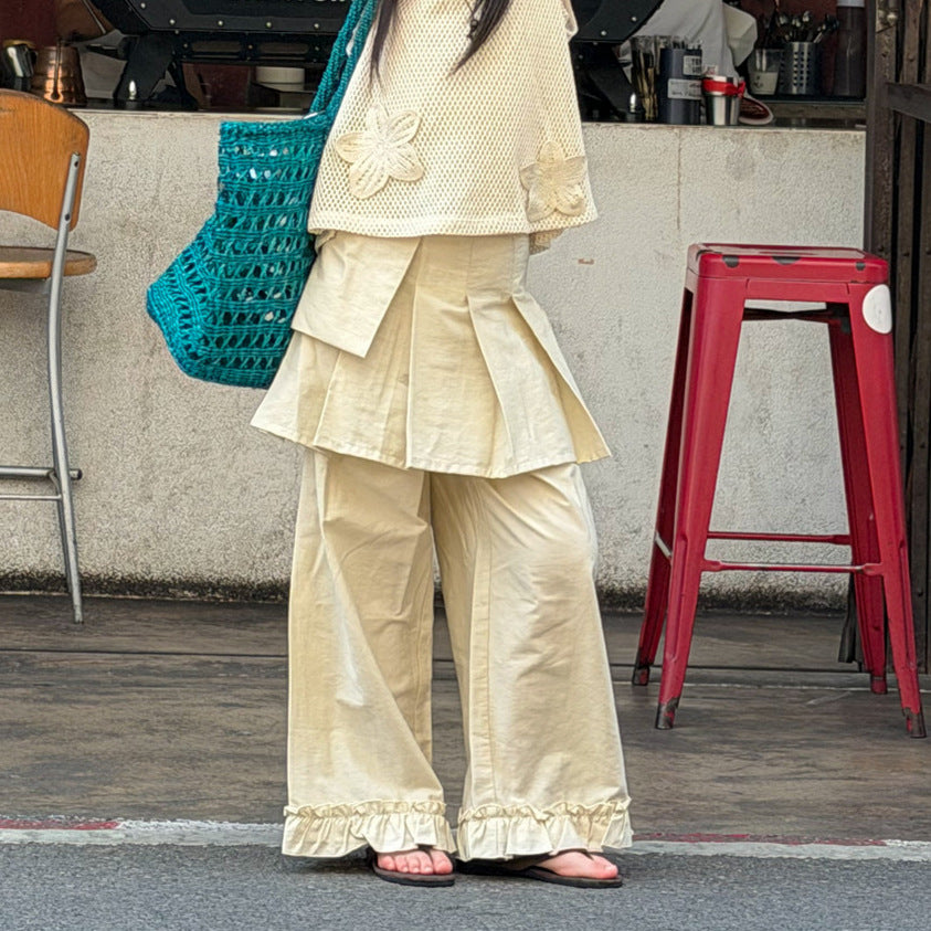 【100-160cm】韓版木耳邊屁簾直筒褲