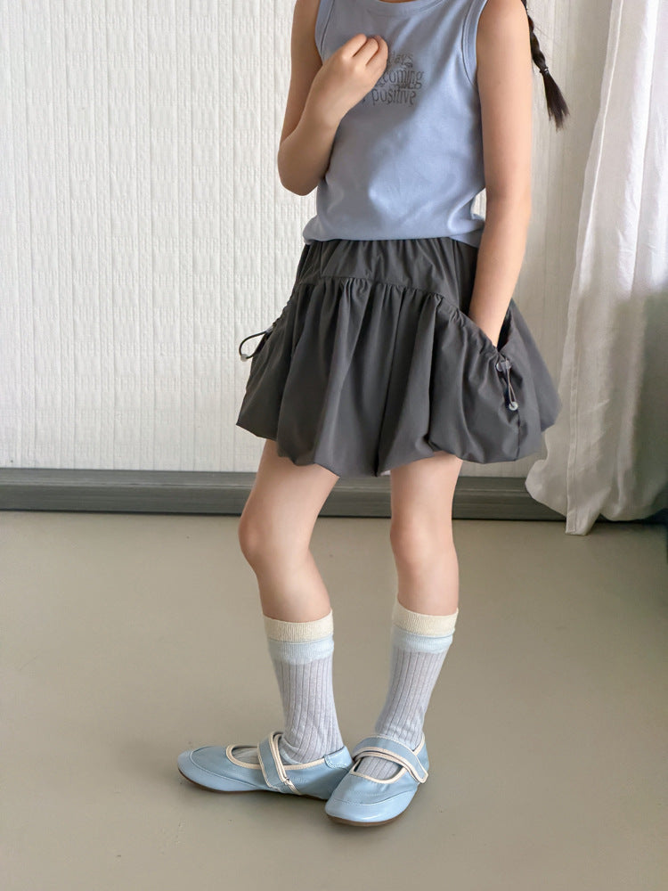 【100-170cm】甜美可愛雙側抽繩褶皺花苞短裙