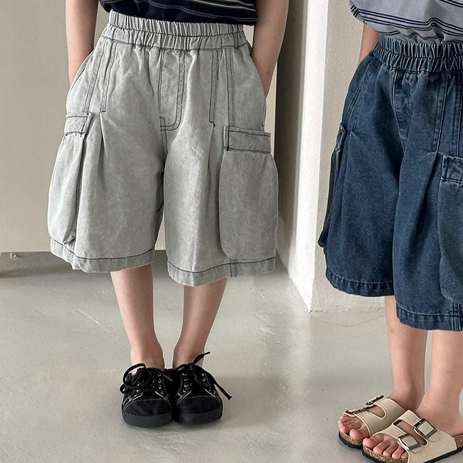 【80-140cm】做舊寬鬆口袋工裝牛仔中褲