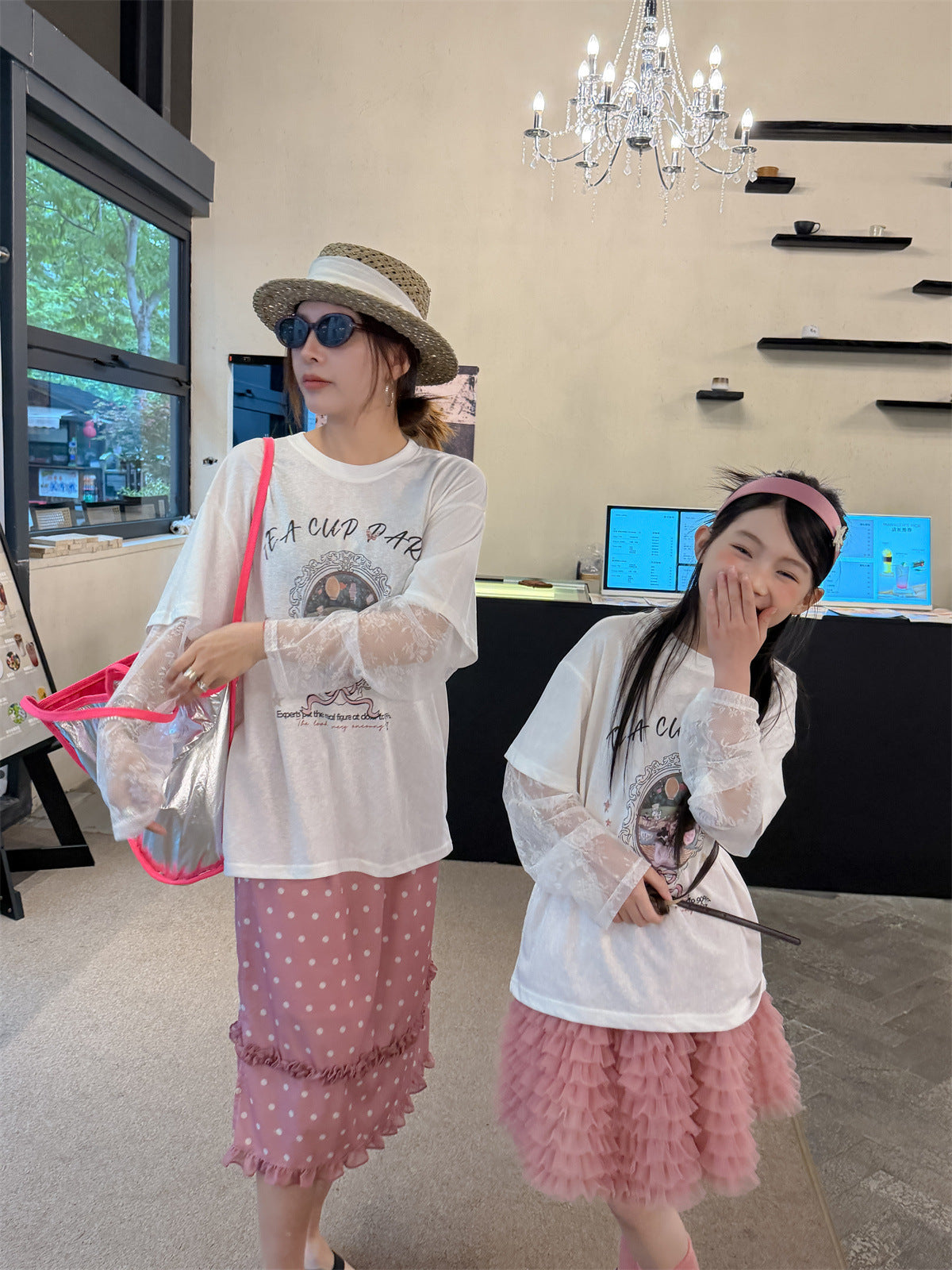 【100-160cm】【親子裝】假兩件蕾絲長袖防曬T