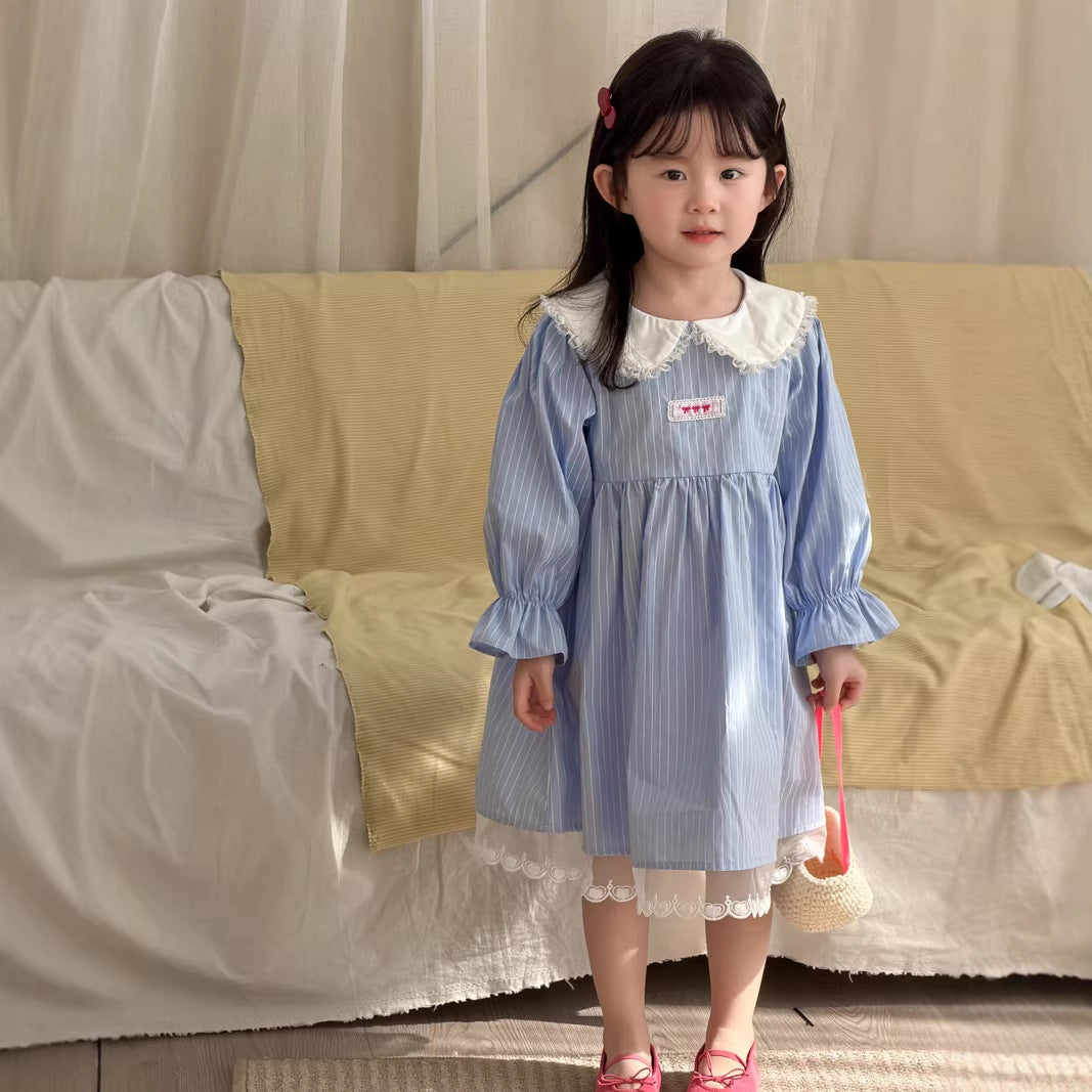 【90-140cm】條紋蕾絲棉布裙洋裝