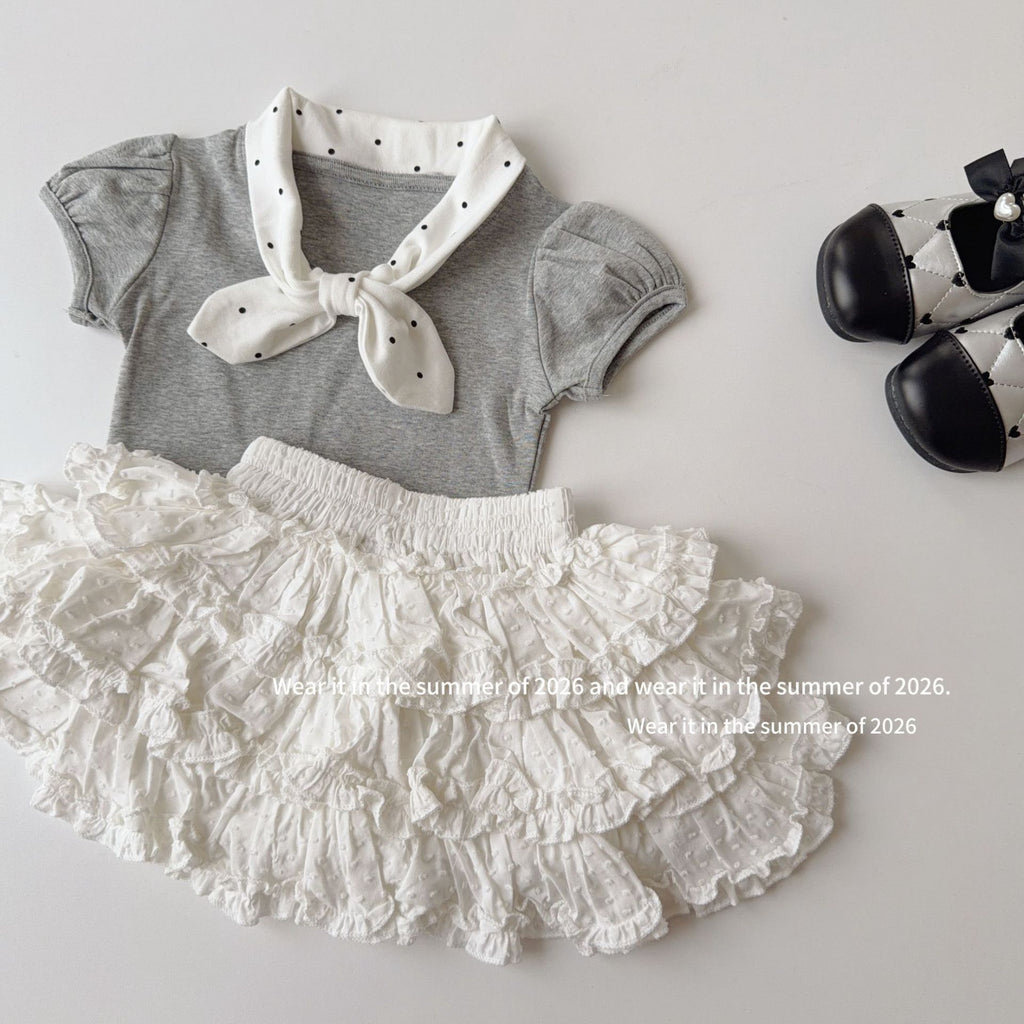 【90-150cm】復古波點蝴蝶結領短袖T