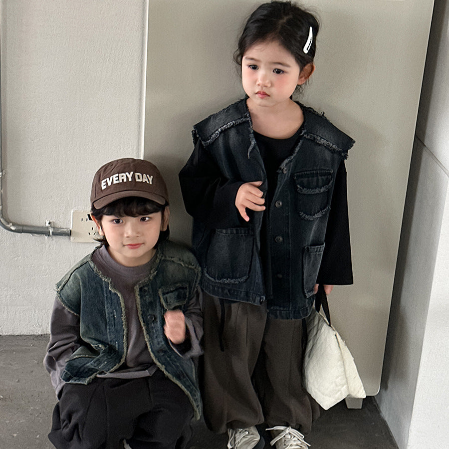 【80-140cm】短款毛邊牛仔工裝馬甲