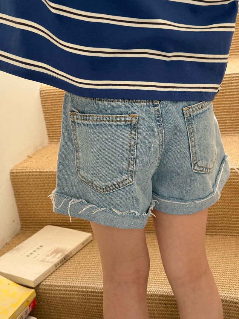 【120-160cm】韓版蝴蝶結牛仔短褲