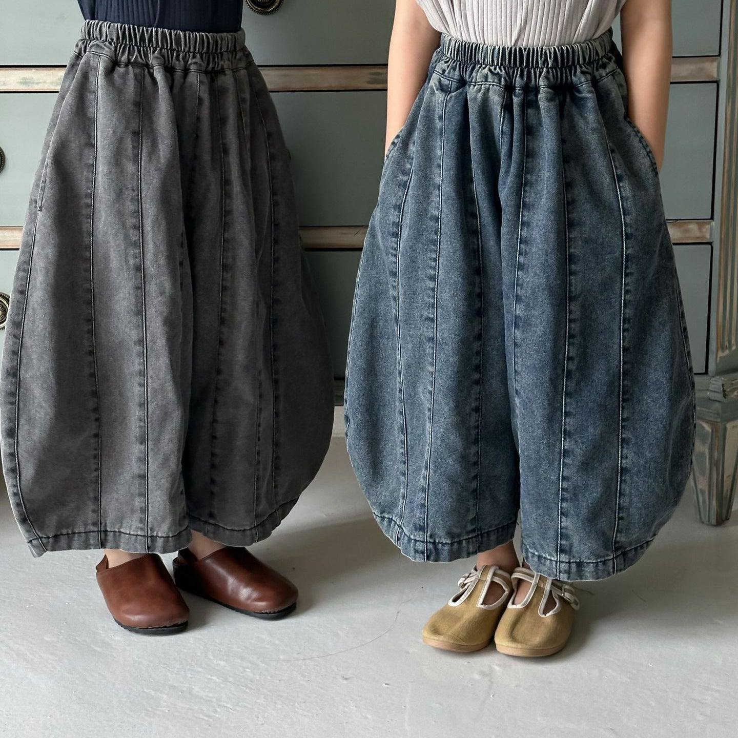 【80-140cm】拼接牛仔褲彎刀褲八分褲
