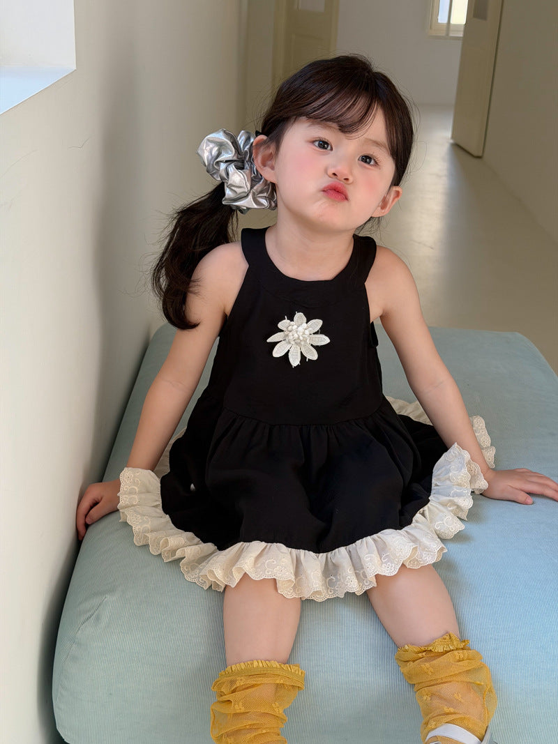 【90-140cm】法式甜美蕾絲掛脖花朵連身裙