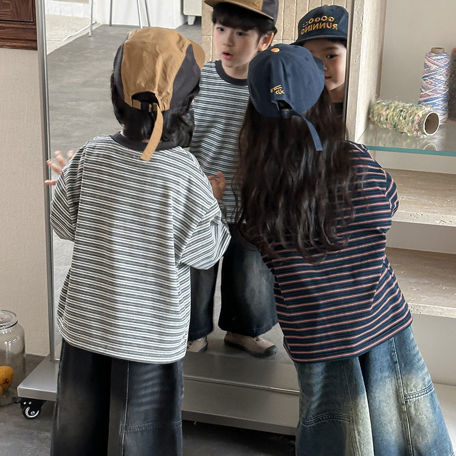 【80-140cm】撞色條紋打底衫