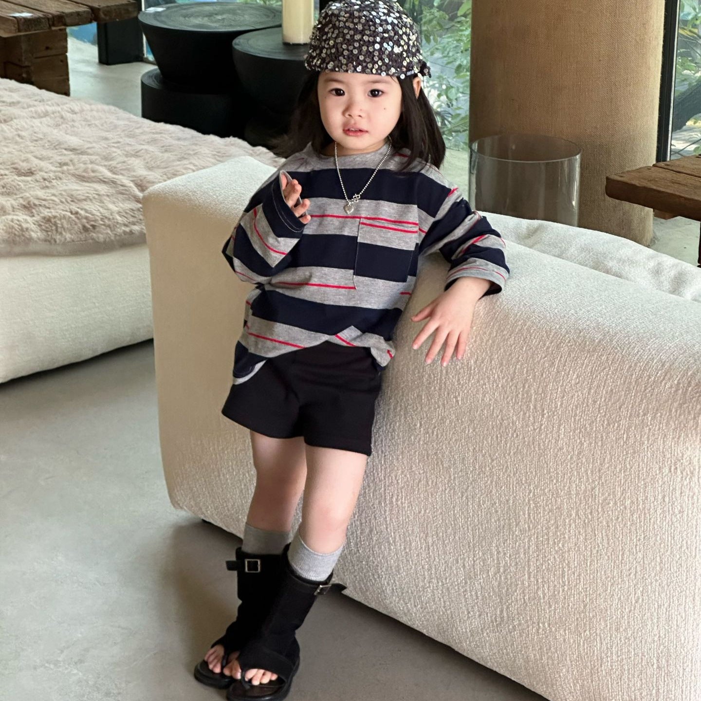 【90-140cm】條紋T | 黑色短褲