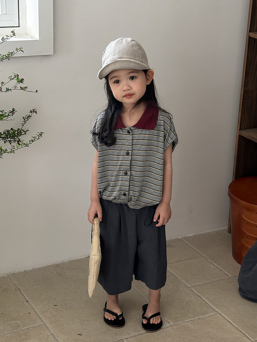 【80-140cm】森系復古條紋polo短袖