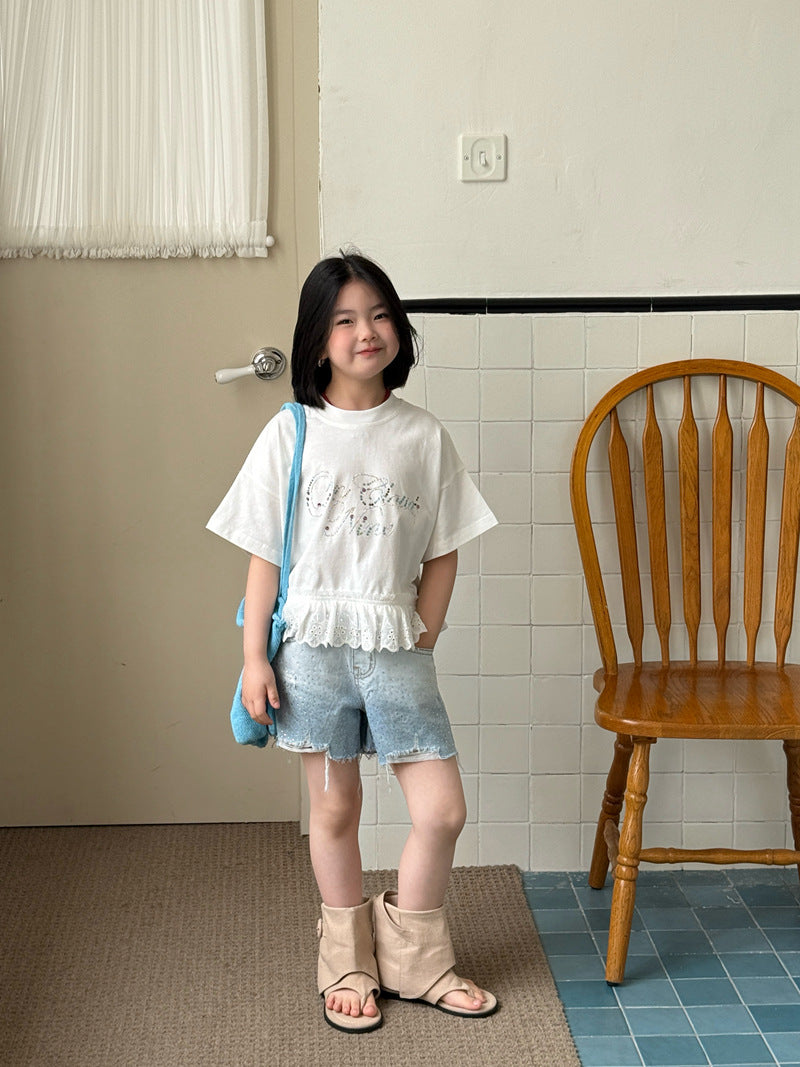 【120-160cm】韓系毛邊牛仔燙鑽短褲