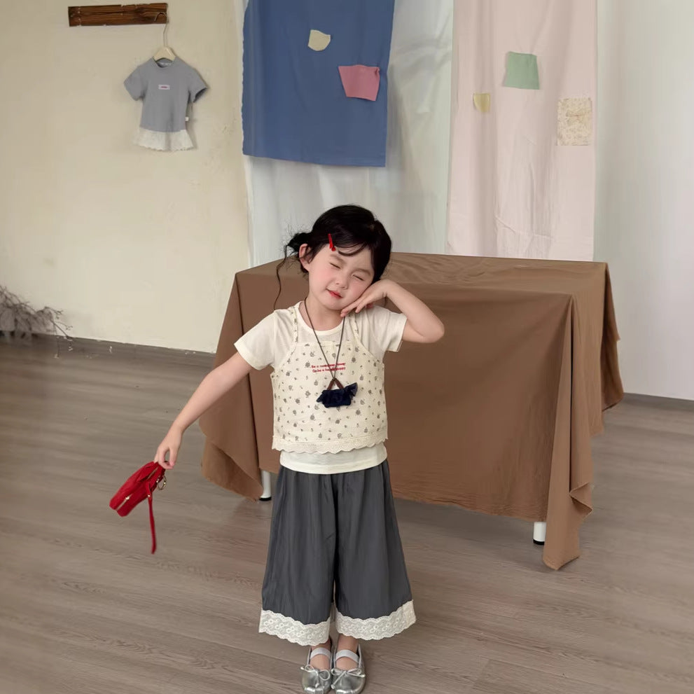 【90-140cm】韓版碎花背心+柔軟面膜T兩件套