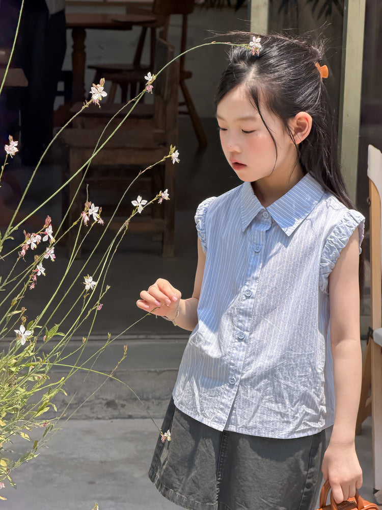 【100-170cm】條紋飛袖學院風花邊襯衫 | 短裙