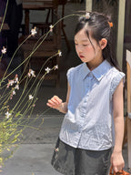 【100-170cm】條紋飛袖學院風花邊襯衫 | 短裙