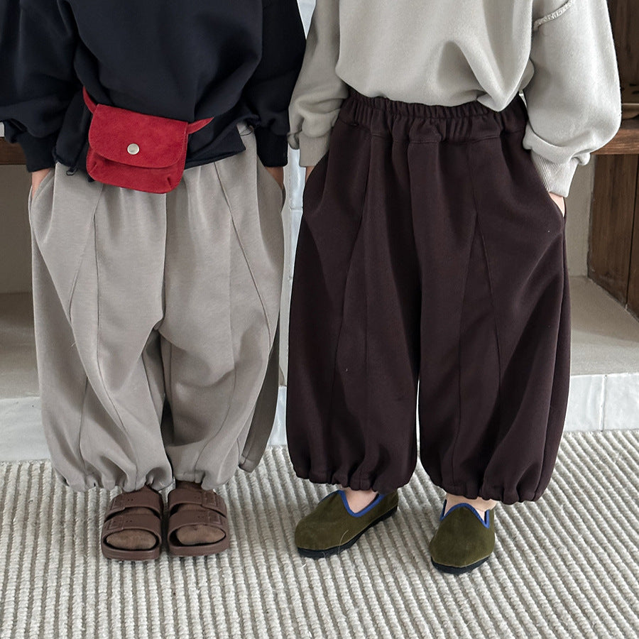 【80-140cm】淨色拼接針織寬鬆燈籠褲