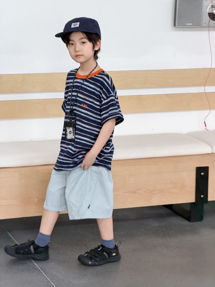 【100-170cm】撞色條紋涼爽短袖