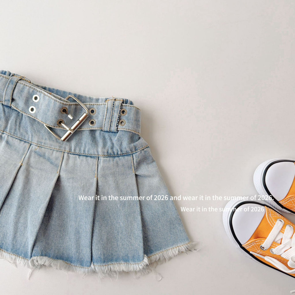 【90-150cm】荷葉邊鬆緊高腰牛仔百褶裙