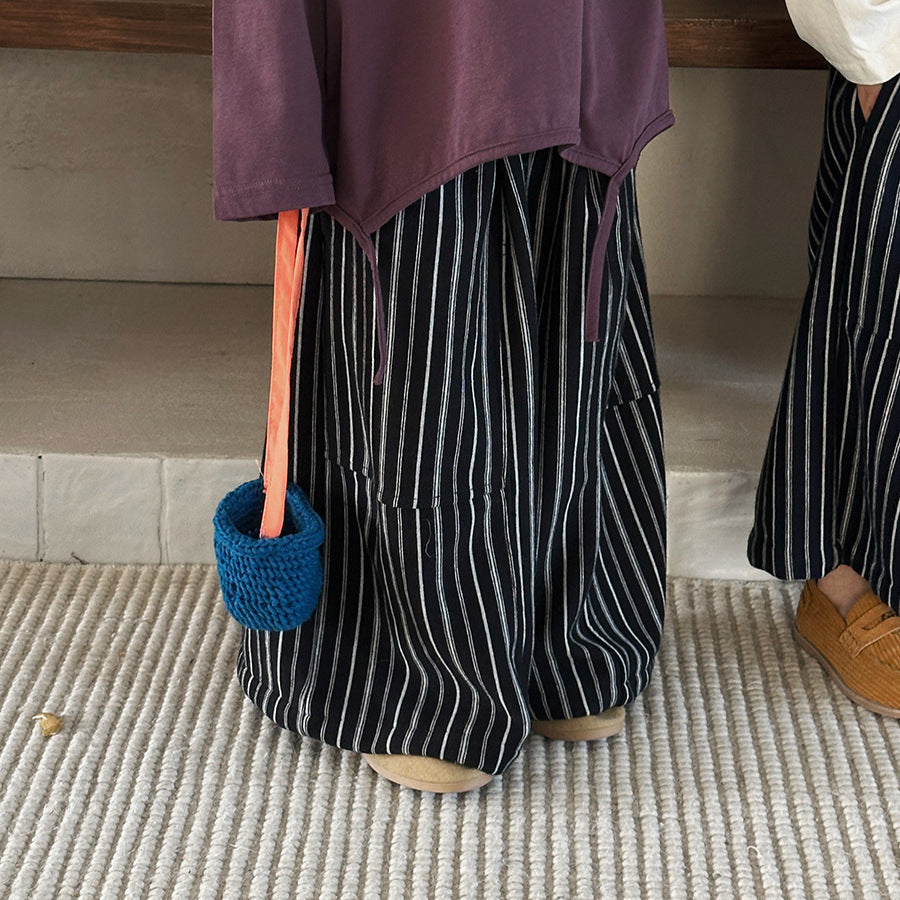 【80-140cm】豎條紋復古闊腿褲