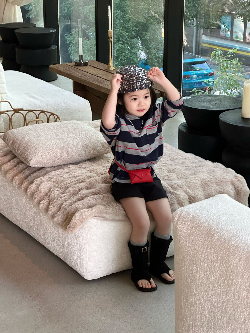 【90-140cm】條紋T | 黑色短褲