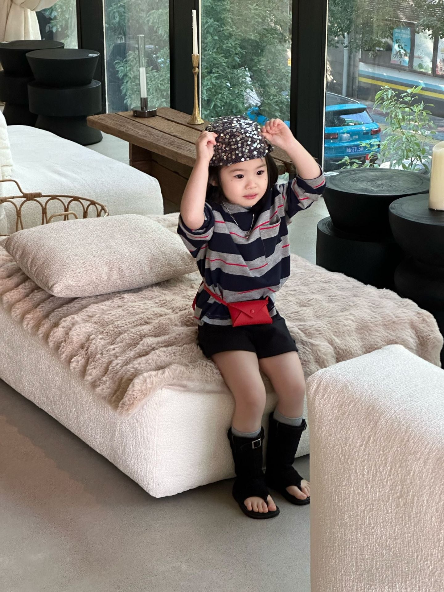 【90-140cm】條紋T | 黑色短褲