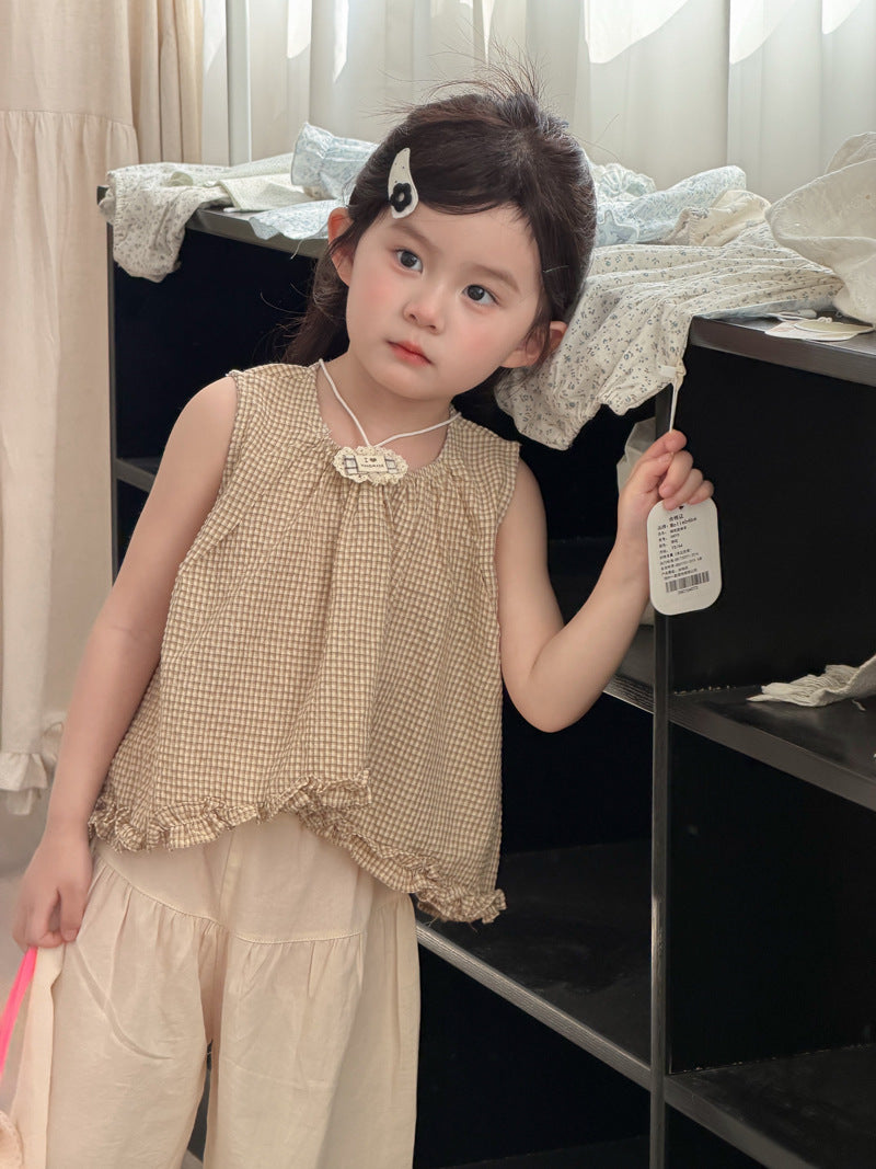 【90-140cm】木耳邊背心+花邊直筒褲套裝