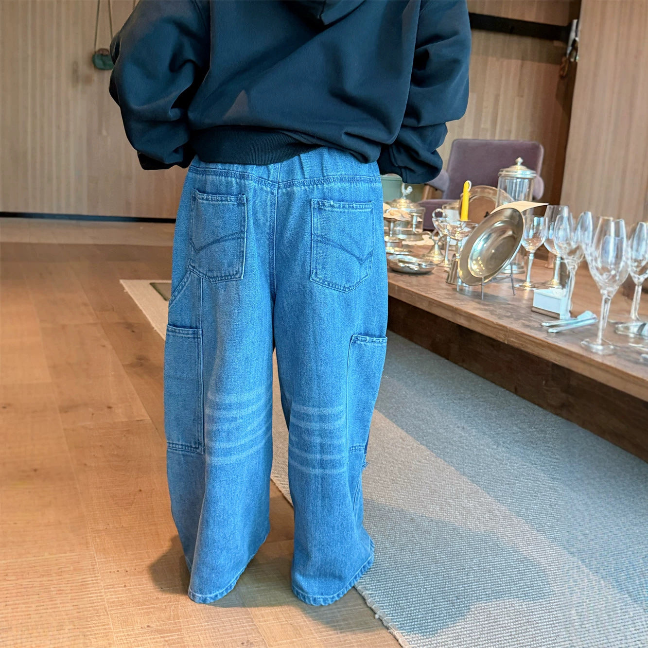 【90-160cm】復古拼接牛仔直筒褲