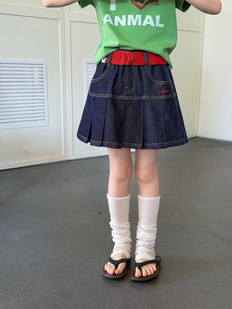 【100-170cm】字母刺繡百褶牛仔裙
