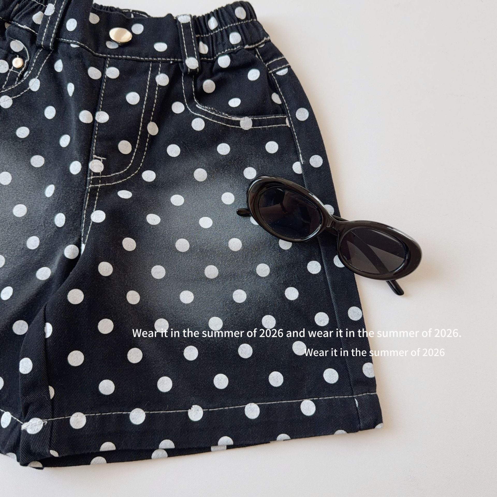 【90-150cm】韓版波點牛仔五分褲