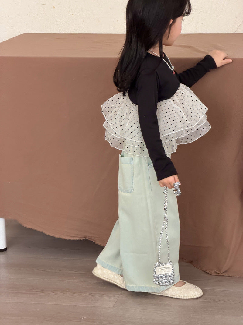 【90-140cm】(2色)波點網紗拼接公主蓬蓬裙上衣