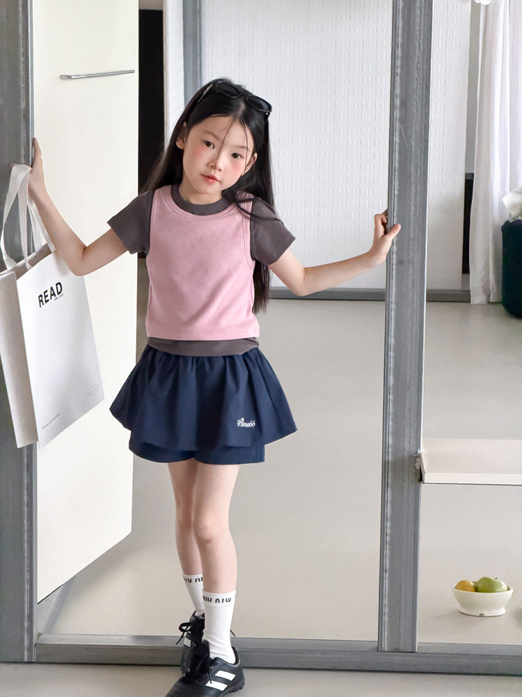 【100-170cm】3色-韓系撞色疊穿感假兩件T