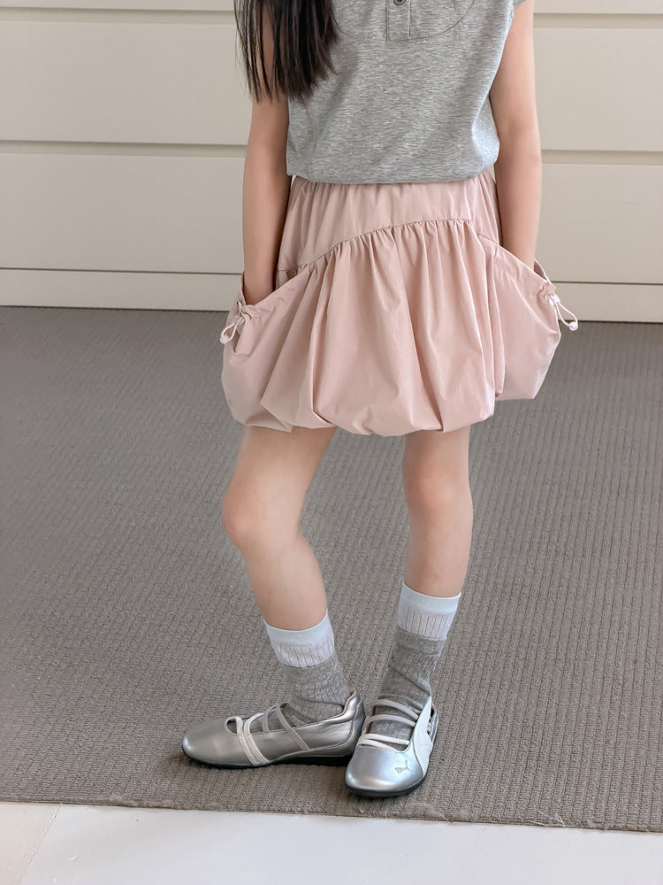 【100-170cm】甜美可愛雙側抽繩褶皺花苞短裙