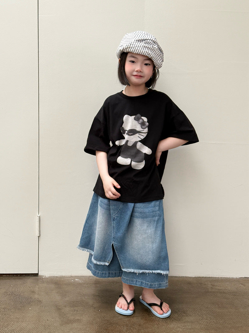 【120-160cm】不規則屁簾拼接寬腿七分牛仔褲